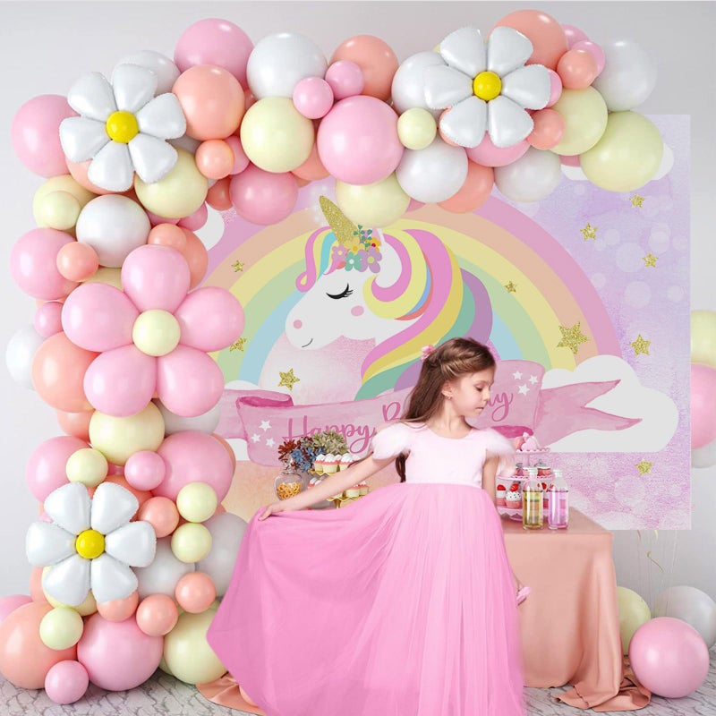 Mocsicka Unicorn Theme Birthday Party Decoration, Pink Cotton Backdrop with Rainbow Clouds, 7x5ft - Image 3